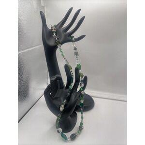 VINTAGE GREEN GLASS BEADED NECKLACE 27"LONG